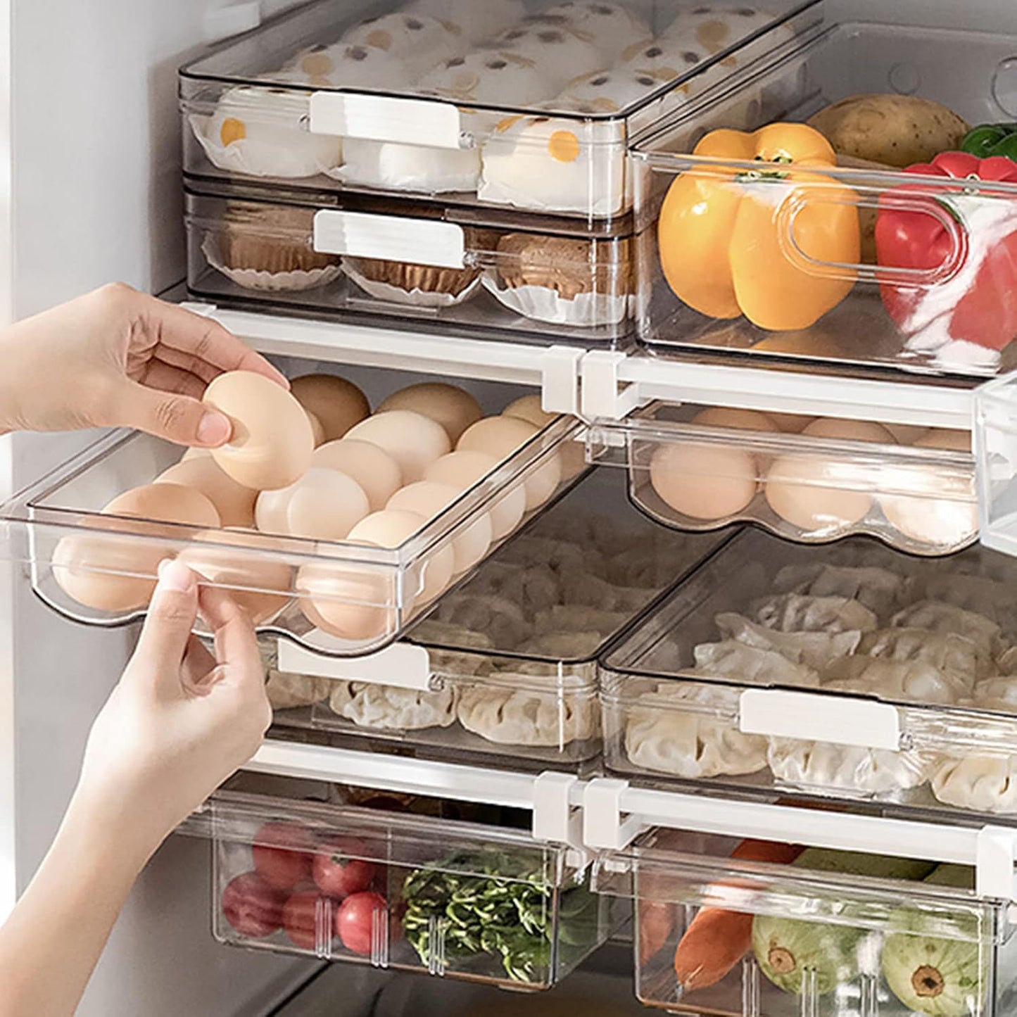 Large Capacity Refrigerator Organizer Bins, Clear Plastic Egg Holder Tray, Home Essentials Storage Box