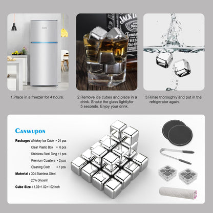 24 Pack Stainless Steel Ice Cubes Reusable - Ice Cubes Stainless with Ice Tongs and Whiskey Stones - Gifts for Men Dad Christmas for Drinks, Whiskey, Vodka, Chilling Rocks, Chilling Rocks for Drinks