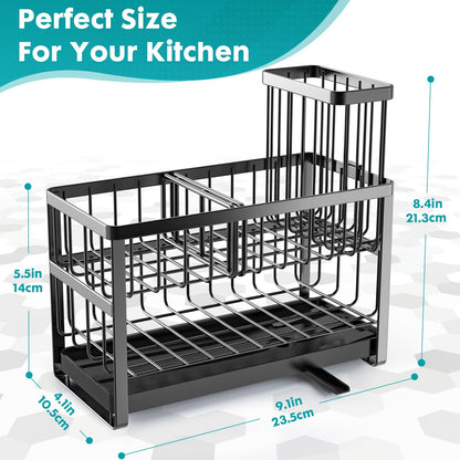 Sinnsally Kitchen Sponge Holder,Sink Caddy Organizer with High Brush Holder,Stainless Steel Sink Box Dish Scrubber Holder,Soap Tray for Kitchen Counter Accessories & Storage Rack(2 Tier - Black)