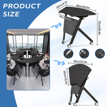 JFazzruit Folding Conference Table,Fan-Shaped Conference Room Tables with Wheels, Mobile Modular Seminar Meeting Desk for Classrooms,Office & Seminar (8, Fan-Black)