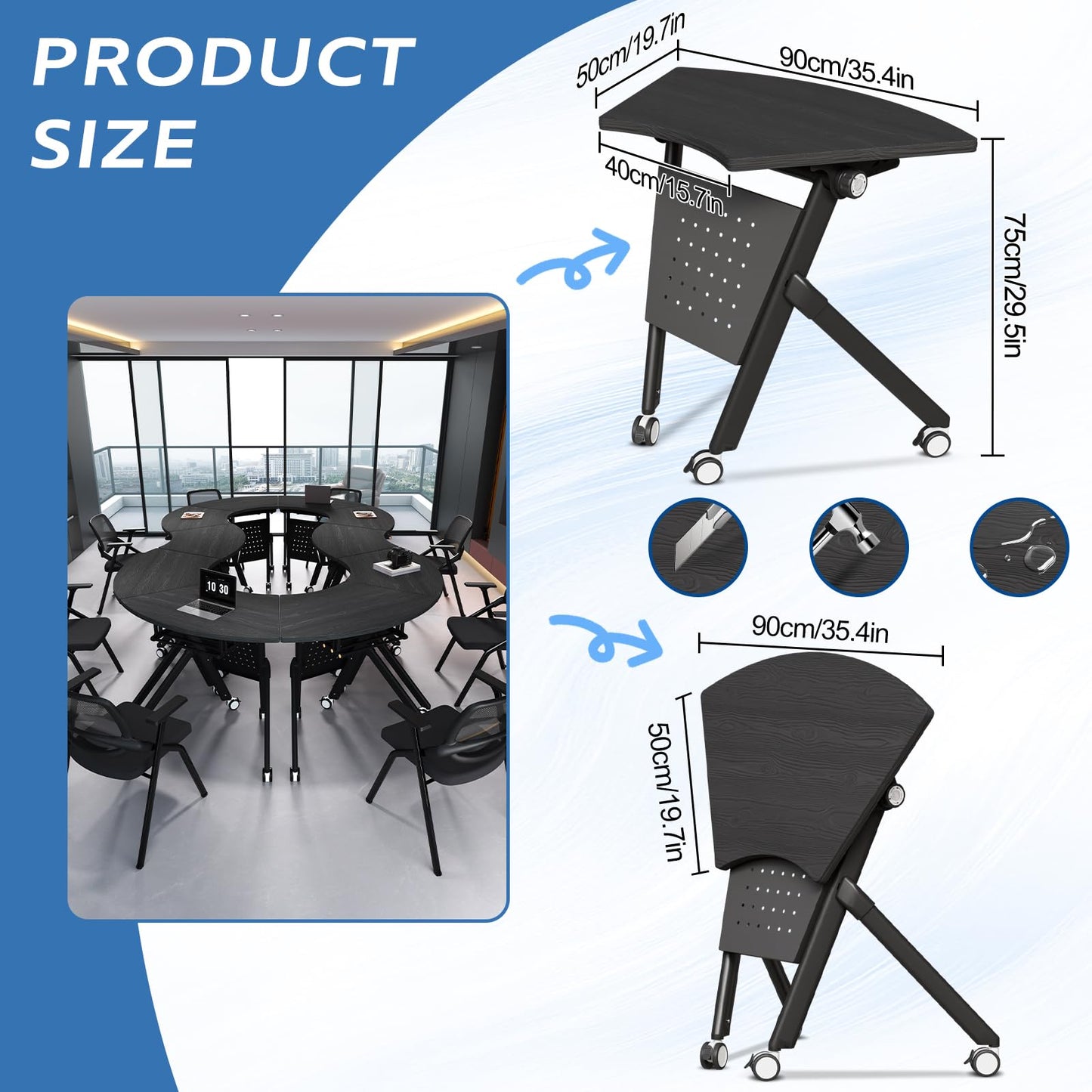 JFazzruit Folding Conference Table,Fan-Shaped Conference Room Tables with Wheels, Mobile Modular Seminar Meeting Desk for Classrooms,Office & Seminar (2, Fan-Black)