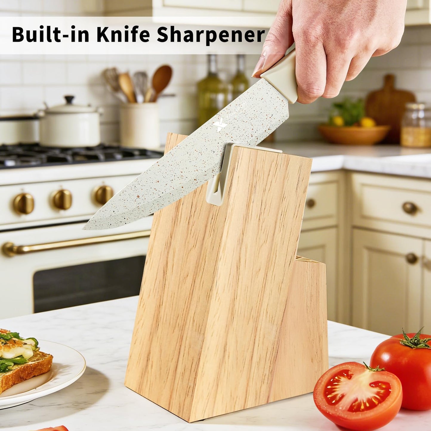 XANAPON Knife Set, Dishwasher Safe Kitchen Knife Set, CreamWhite Ergonomic Handle and Ceramic-Coated Blades, Built-in Sharpener Block, Sturdy German Stainless Steel