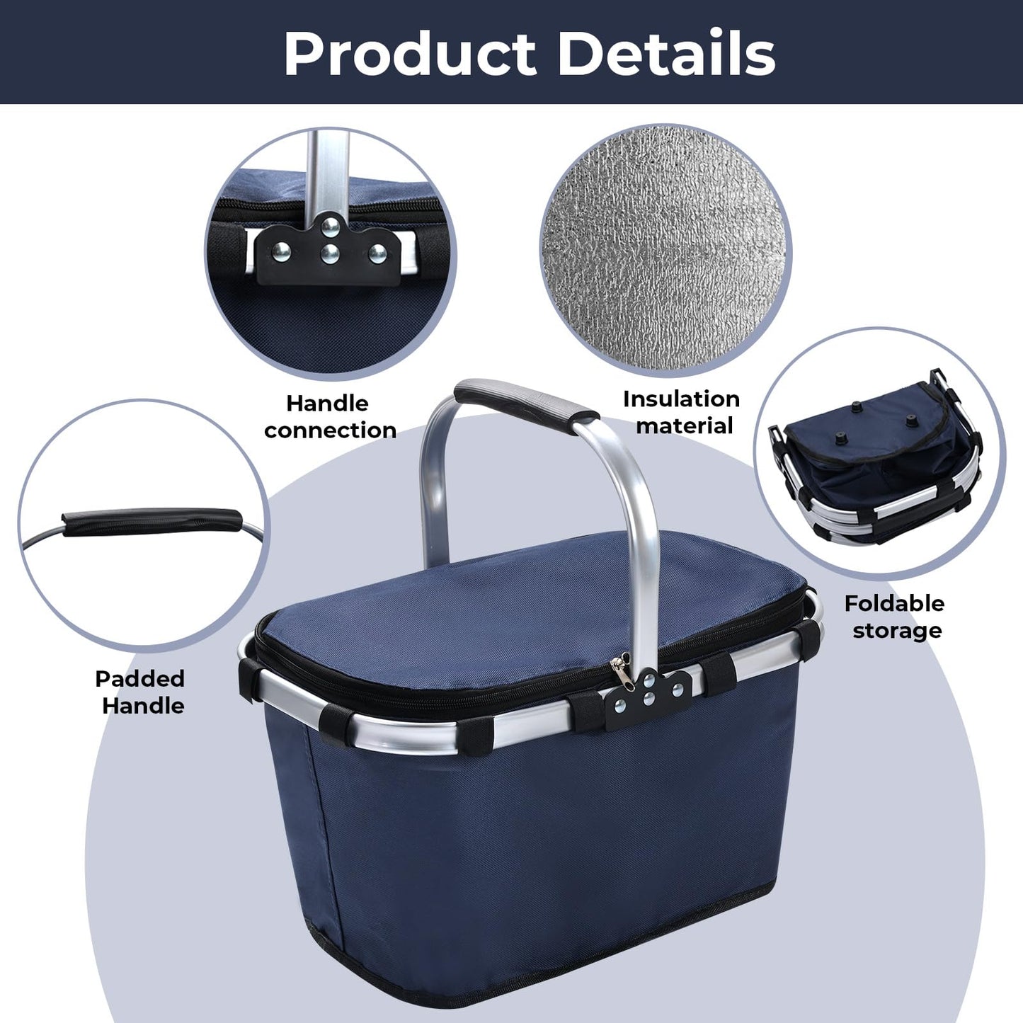 Pomodee Picnic Basket with Handle,30L Large Foldable Insulated Cooler Picnic Basket,Grocery Shopping Basket for Travel Camping Market Bag,Navy Blue