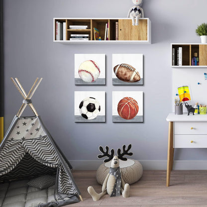 12x12" 4 Boys Room Wall Decor Sports Decor for Boys Bedroom Rustic Soccer Football Baseball Basketball Canvas Pictures