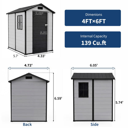 Outdoor Storage Shed with Floor, Plastic Resin Garden Shed with Window & Sloping Roof & Lockable Door for Patio Backyard Garden, Lawn Mower, Bike, Tool Storage (Grayish White + Black, 4' x 6')