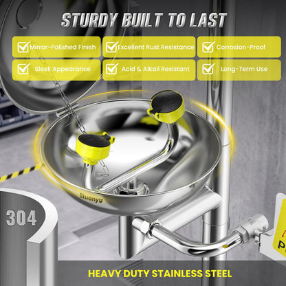 Huanyu Emergency Shower and Eye Wash Station OSHA Approved Safety Shower and Eyewash Station Combination 304 Stainless Steel Stand Plumbing Eye Washing Unit with Eyewash Sign Industrial Lab (YX-Y2)