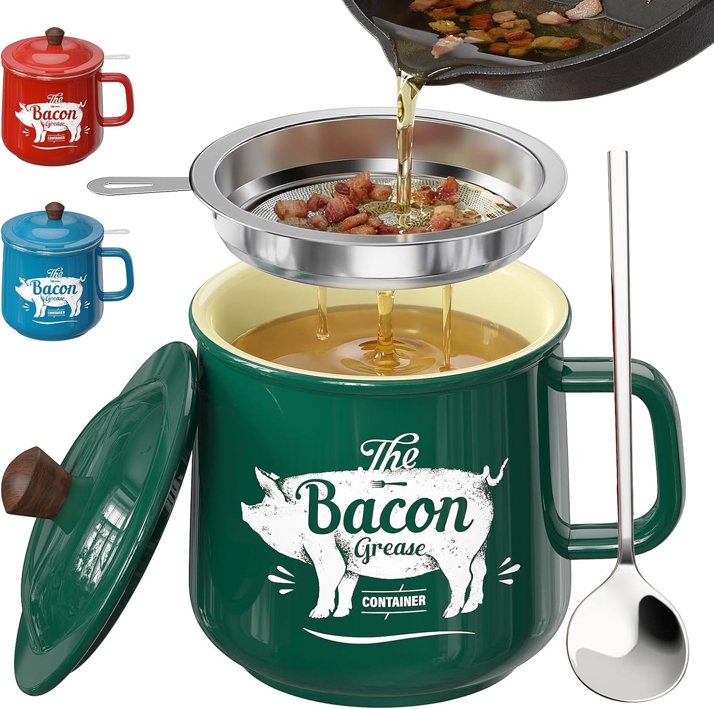 23OZ PGYARD Ceramic Bacon Grease Saver With Strainer - Bacon Grease Container Farmhouse Keeper For Kitchen Fat