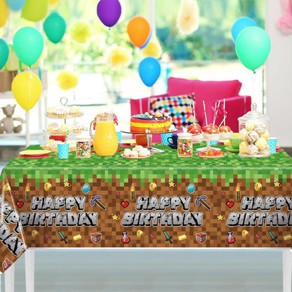 HALUNHL Pixel Birthday Party Decorations Tablecloth, Large 108" X 54" Popular Game Theme Birthday Table Cover for Big Fans, Pixel Party Supplies Table Cloth for Home