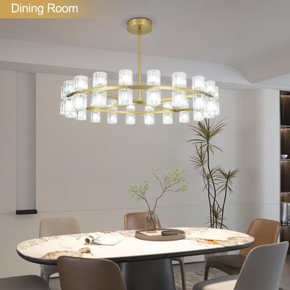 Leadtek 31.5 Inch Gold Wagon Wheel Chandelier, Modern Farmhouse Chandelier with K9 Crystal Chandelier Shade, for Dining Room Light Fixture, Kitchen Island, Entryway, Foyer