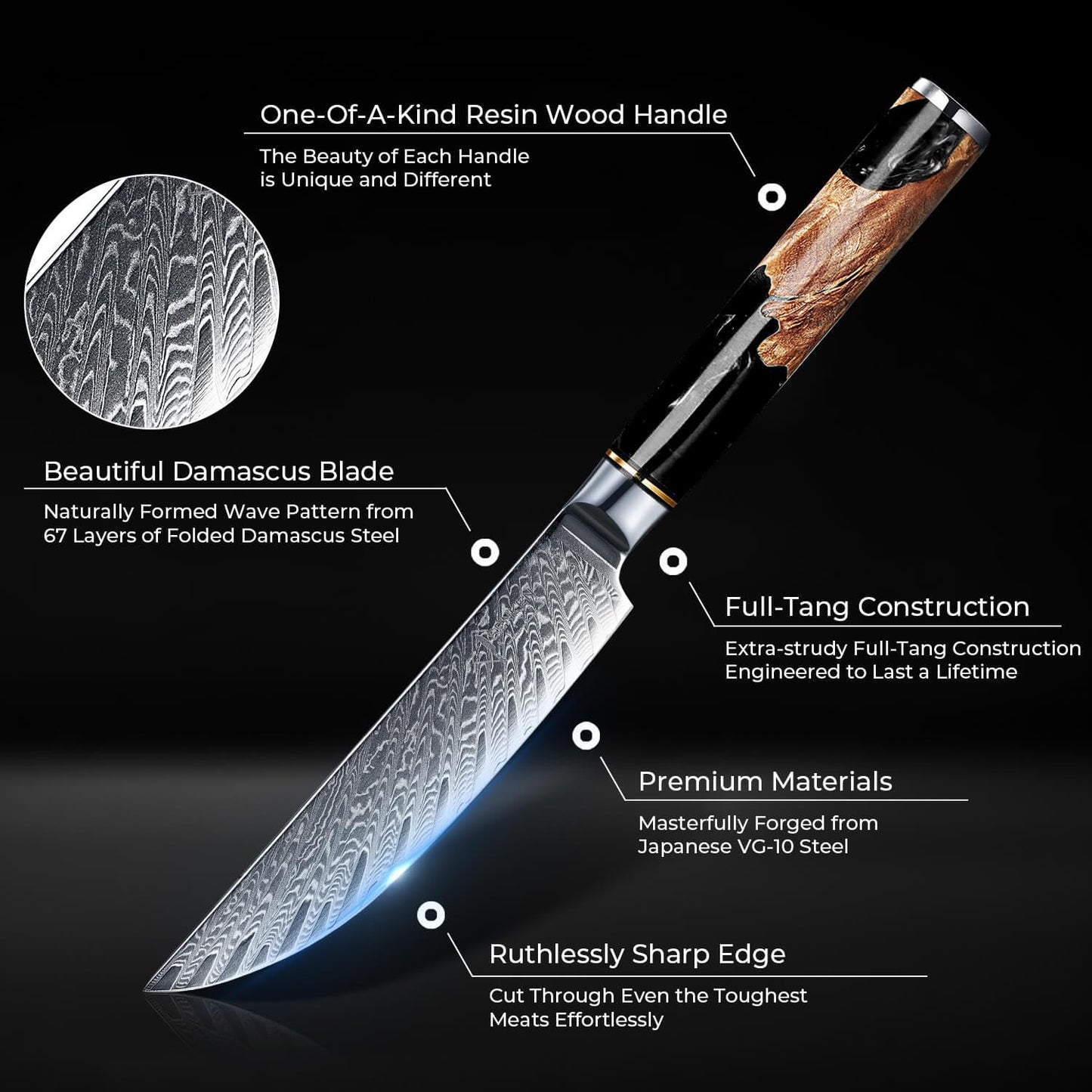 SENKEN Damascus Steak Knife Set - Black Tsunami Collection - 67-Layer Japanese VG10 Steel - Razor Sharp Non-Serrated Blades, Black Resin & Burl Wood Handles, Luxury Gift Box
