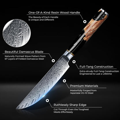 SENKEN Damascus Steak Knife Set - Black Tsunami Collection - 67-Layer Japanese VG10 Steel - Razor Sharp Non-Serrated Blades, Black Resin & Burl Wood Handles, Luxury Gift Box