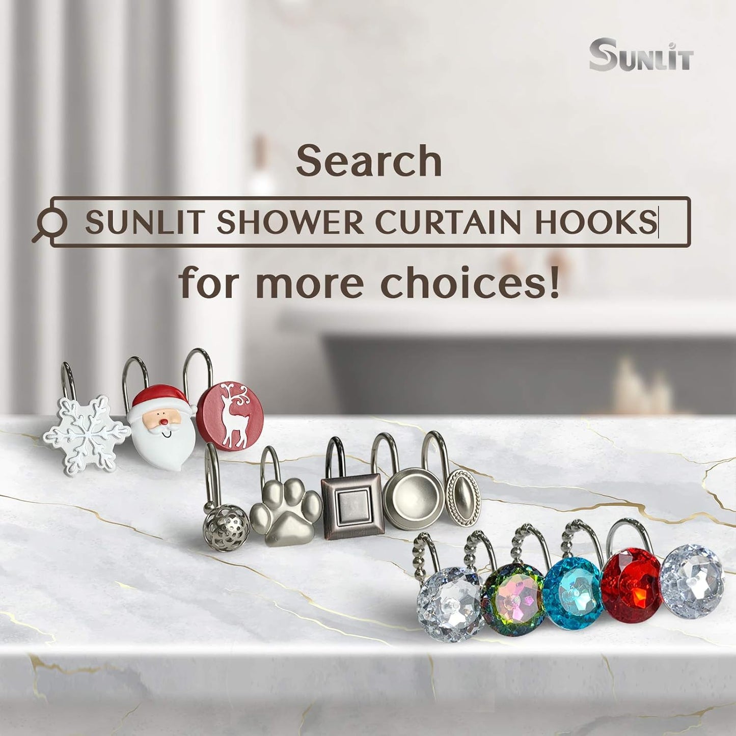 Sunlit Luxury Design Glitter Round Colorful Diamond Crystal Gem Bling Shower Curtain Hooks - Rust Proof Metal