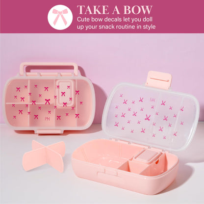 Paris Hilton 2-Pack Bento Style Snack Boxes, 7-Compartment Lunch Containers with Built-In Phone Stand, Removable Dividers and Dip Containers, Pink Bow Print