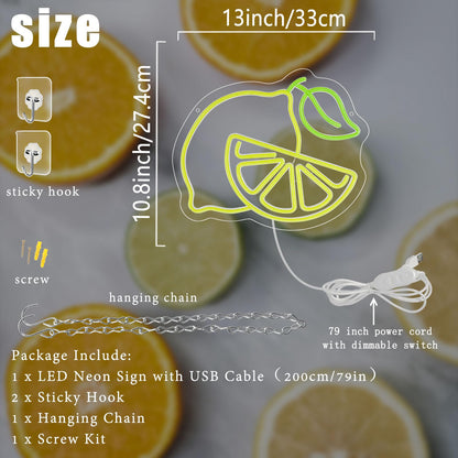 Lemon Neon Sign for Wall Decor, Dimmable Yellow Lemons Neon Lights, Vibrant Fruit Themed Neon LED Signs for Kids Room, Bedroom, Restaurant, Bar, Club, Fruit Shop, Birthday Party