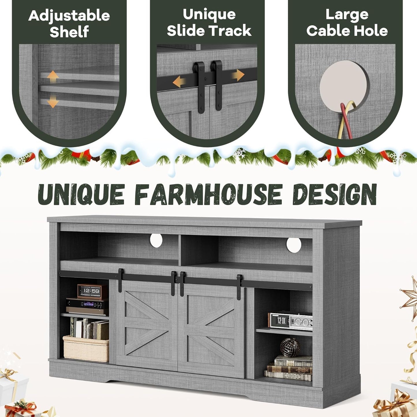 YESHOMY Fireplace TV Stand for Television up to 65+ Inch with Storage and Farmhouse Sliding Barn Doors, Entertainment Center with Cabinet and Shelves, Media Console for Living Room,Gray