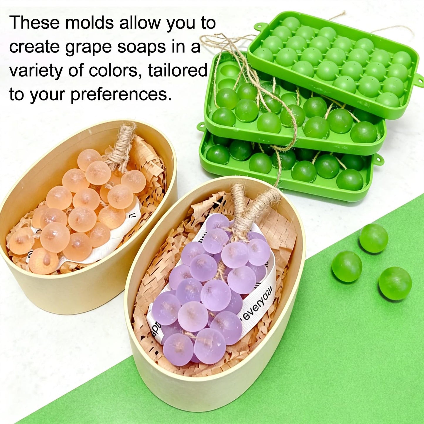Moccool 2-Pack Grape-Shaped Silicone Soap Molds, 7.3 x 4.9 x 1.0 Inch Flexible Non-Stick Tray for DIY Handmade Soap and Crafting, Green