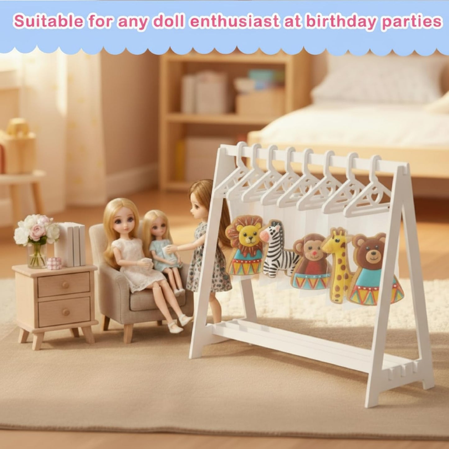 Bucherry Mini Cookie Rack Cookie Bag Display Stand with 10 Mini Hangers Doll Garment Rack Decorative Biscuit Hanger for Tea Parties Family Gatherings Children's Parties, Doll Party Supplies