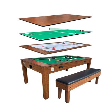 RACK Luxor 7.5-Foot 4-in-1 Multi-Game Swivel Billiard/Pool Table (Green Felt with 1 Bench) – Pool Table, Table Tennis, Air Hockey & Dining Table – Portable Multi Game Table for Adults & Kids