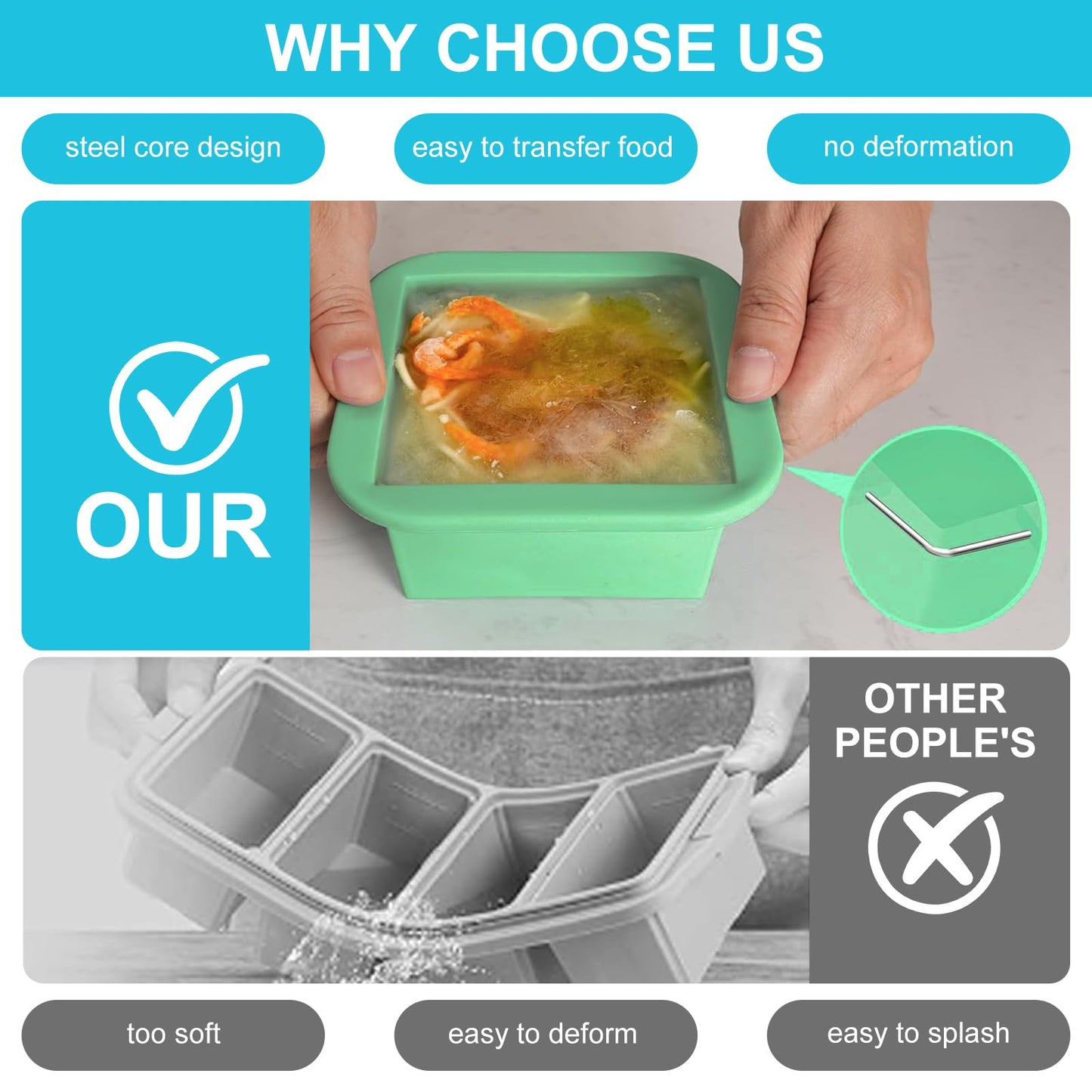 Silicone Freezer Tray with Lid 4 Pack Silicone Freezer Molds Ice Cube Tray Makes 4 Perfect 2 Cup Portions Soup Cubes Meal Prep Containers- Oven & Dishwasher Safe