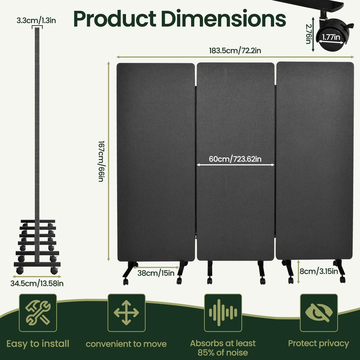 Room Divider with Wheels 72x66 Inch, 3 Panel Folding Privacy Screen, Portable Sound Proof Partition Wall for Office Studio School Hospital, Freestanding Temporary Wall on Casters, Dark Grey
