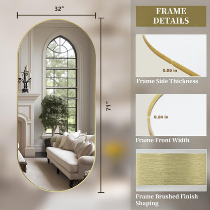 TheiaMo Oval Full Length Mirror, 71"×32" Wall-Mounted Mirror with Gold Frame in Shiny Gold, Ultra-Clear Explosion-Proof Dressing Mirror, Simple & Classic Deco for Cloakroom/Bedroom/Living Room