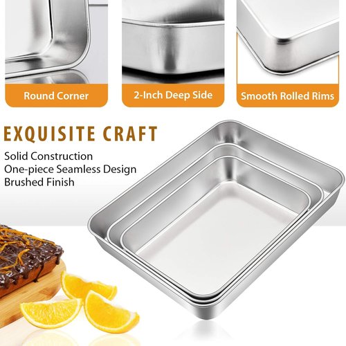 E-far Stainless Steel Baking Pans Set - 3 Rectangular Bakeware (12.5/10.5/9.4 Inch) | Non-Toxic & Dishwasher Safe