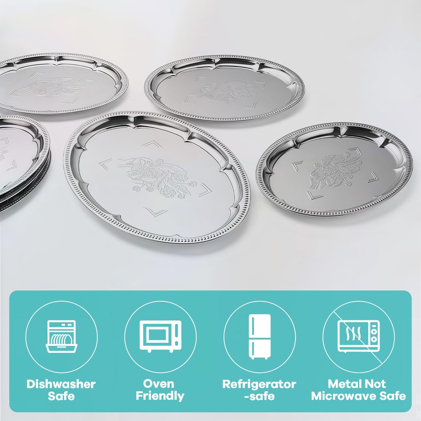 6-Pack Large Silver Serving Trays (16" x 12") – Oval Floral Engraved Serving Platters for Parties, Weddings, Birthdays, Festive Occasions – Mirror Trays for Appetizers, Charcuterie, Cookies, Desserts