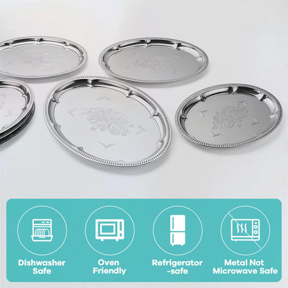 6-Pack Large Silver Serving Trays (16" x 12") – Oval Floral Engraved Serving Platters for Parties, Weddings, Birthdays, Festive Occasions – Mirror Trays for Appetizers, Charcuterie, Cookies, Desserts