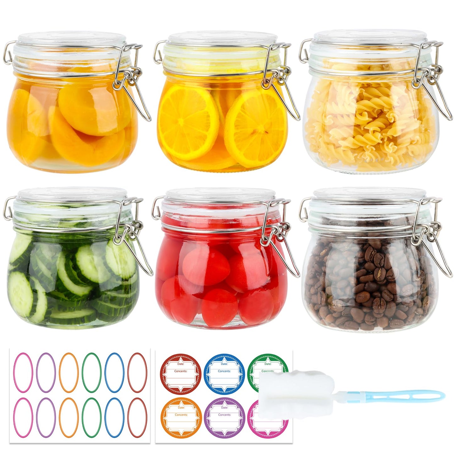 HINGWAH 16 oz Glass Jars with Airtight Lids, 6 Pack Wide Mouth Mason Jars with Clamp Lids for Kitchen Canisters, Food Storage Containers for Pickling, Coffee, Spices, Sugar, Herbs