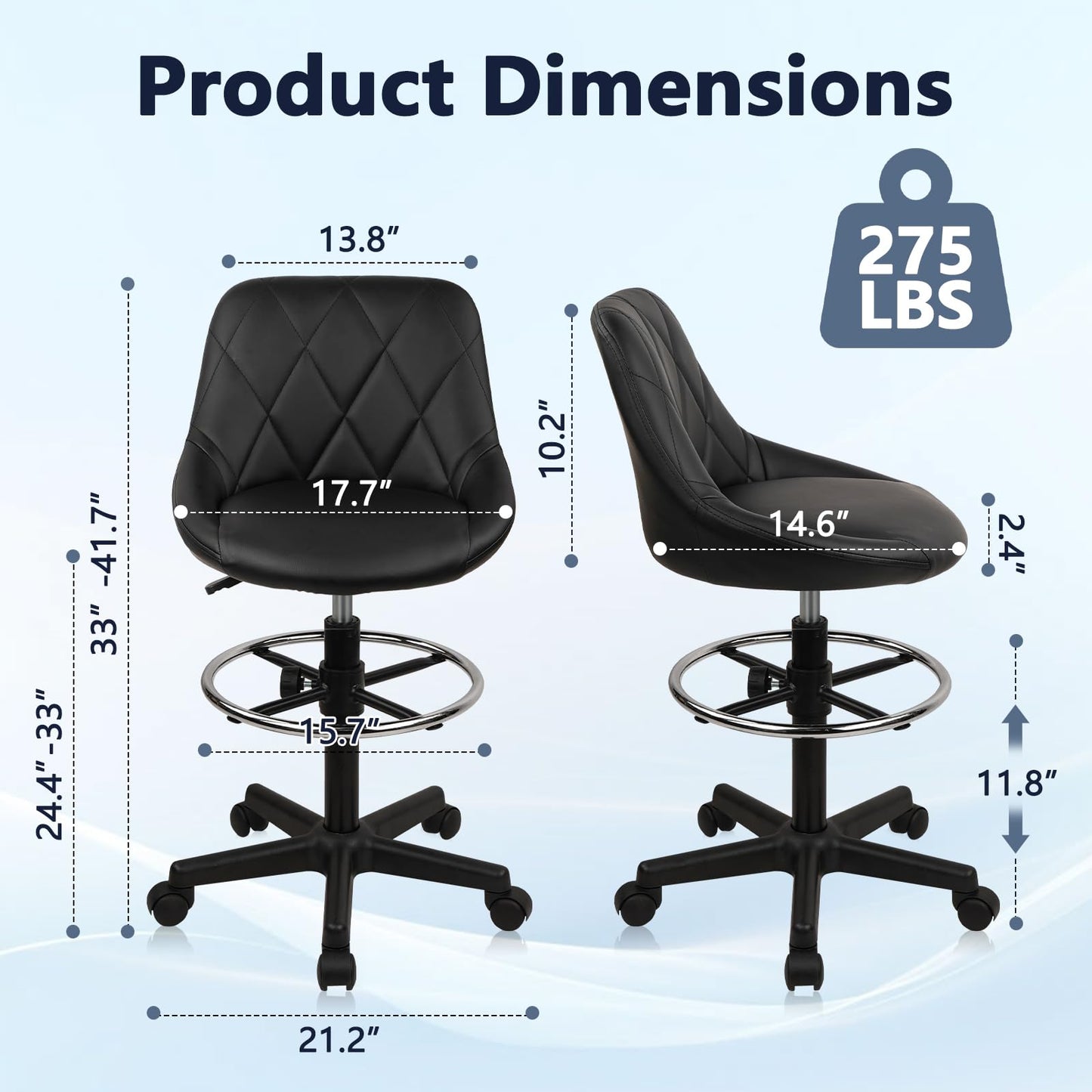 KLASIKA Drafting Chair with Backrest and Wheels, Adjustable Footrest Height Rolling Stool, PU Leather Tall Swivel Chairs Work Shop Office Desk Stools for Kitchen Home Bar, Black, 4 Pack
