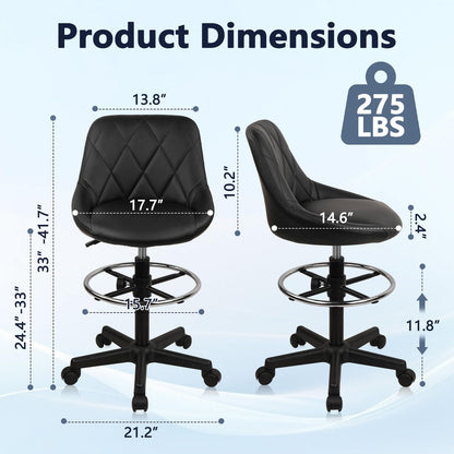 KLASIKA Drafting Chair with Backrest and Wheels, Adjustable Footrest Height Rolling Stool, PU Leather Tall Swivel Chairs Work Shop Office Desk Stools for Kitchen Home Bar, Black, 4 Pack