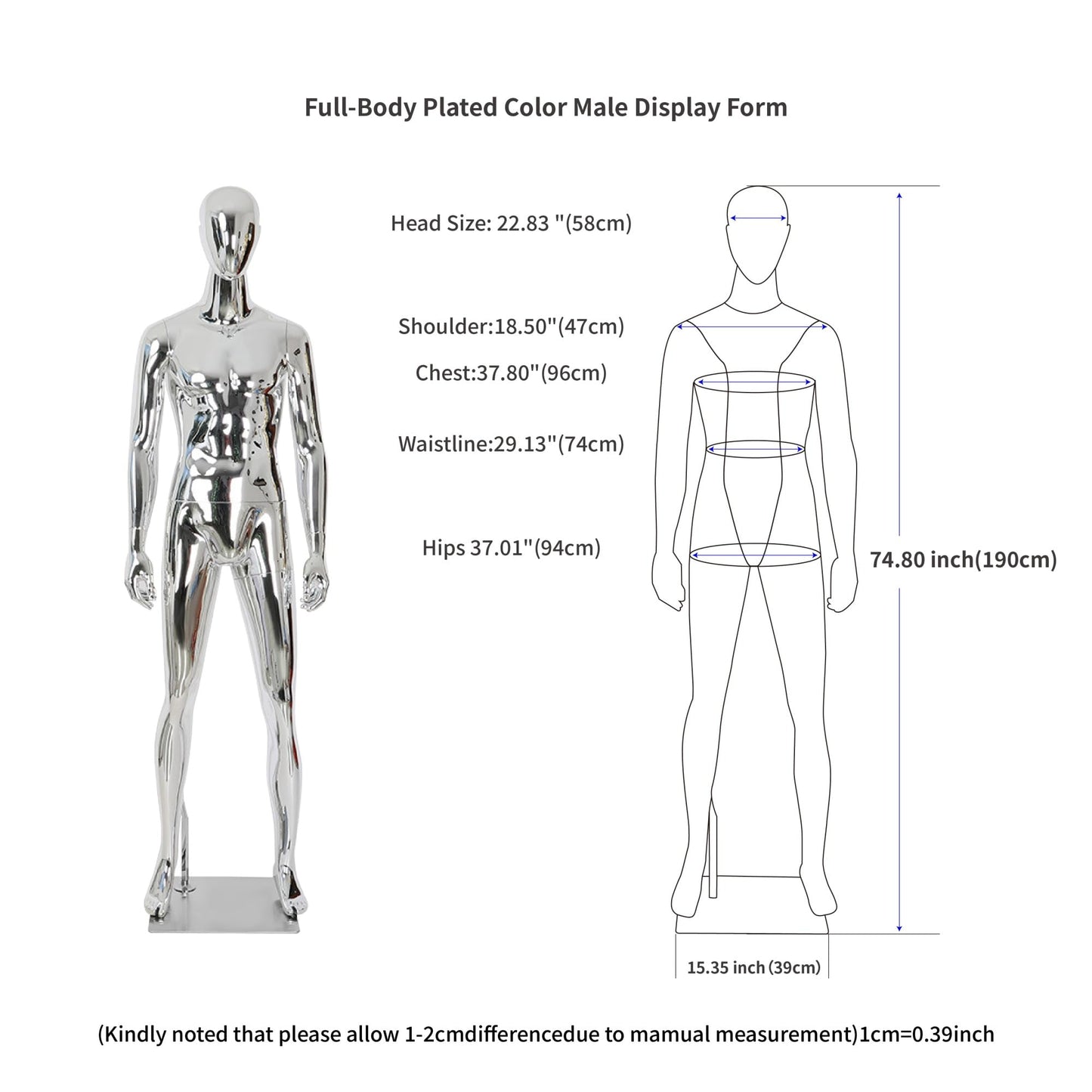 Full Body Male Mannequin with Chrome Metallic Finish, Fiberglass Abstract Dress Form with Posable Head, Futuristic Retail Display Dummy with Metal Base for Men's Fashion Window(Chrome Red)