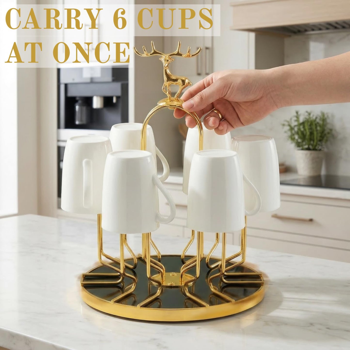 Pumtus Rotating Cup Drying Rack Stand, 6 Cups Drinking Glass Holder, Non-Slip Steel Mug Drainer Organizer, Glass Cup Stand with Silicone Protective Hooks, Tumbler Dryer Tree for Kitchen, Countertop