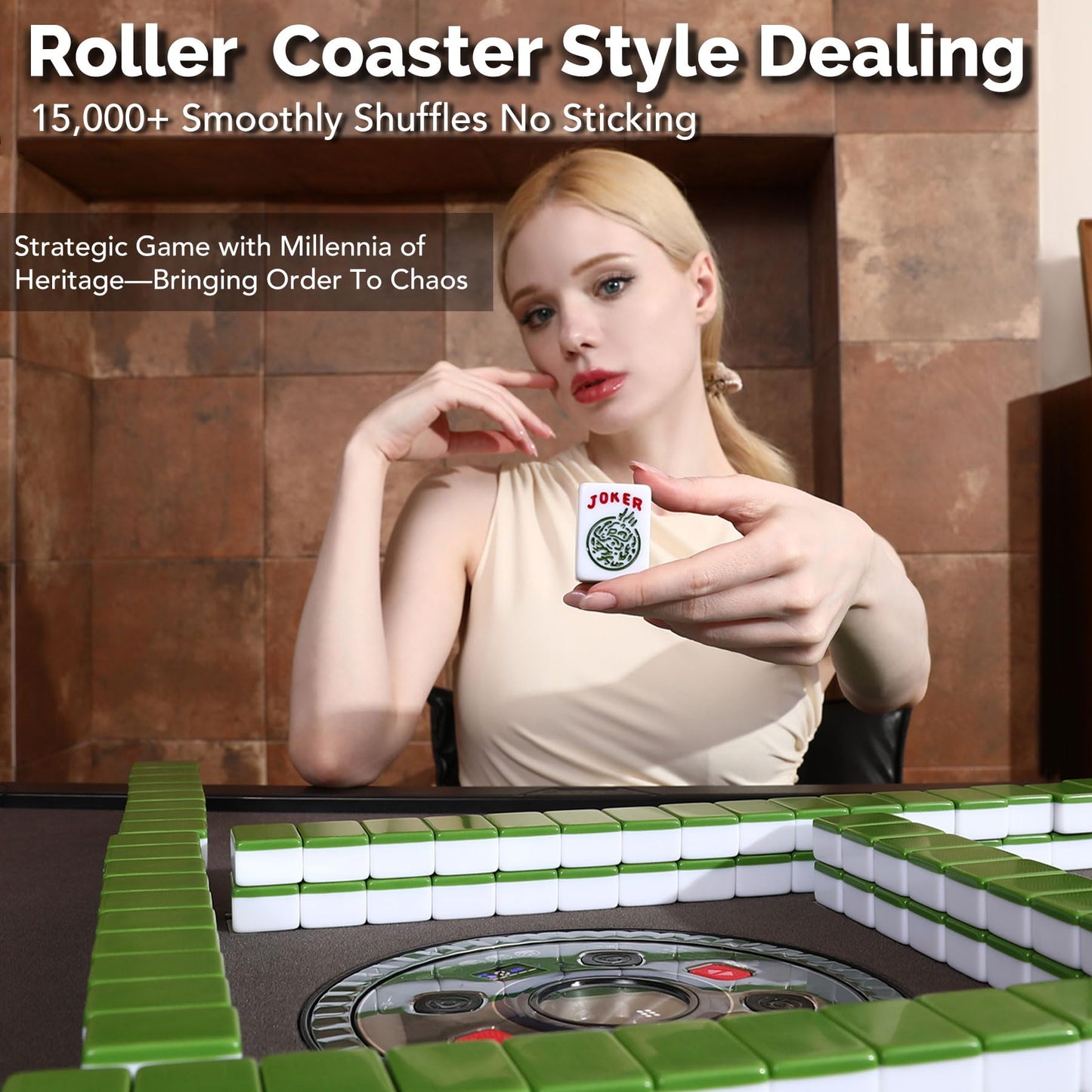 HomeMiYN Automatic Mahjong Table for American Chinese Filipino Style, Foldable Electronic Mahjong Table Shuffler with Wheels, 2 Sets of 42mm Magnetic Tiles, 152 Tiles Total, Roller Coaster Style