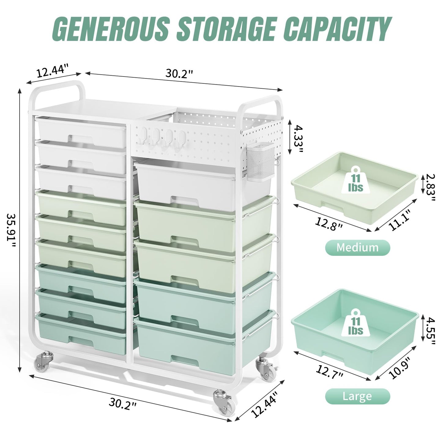 Rolling Storage Cart with 14 Drawers, Storage Organizer Cart with Tabletop and Pegboard,Utility Cart for Living Room, Classroom, Bedroom,Bathroom,Dorm,Office (Green)