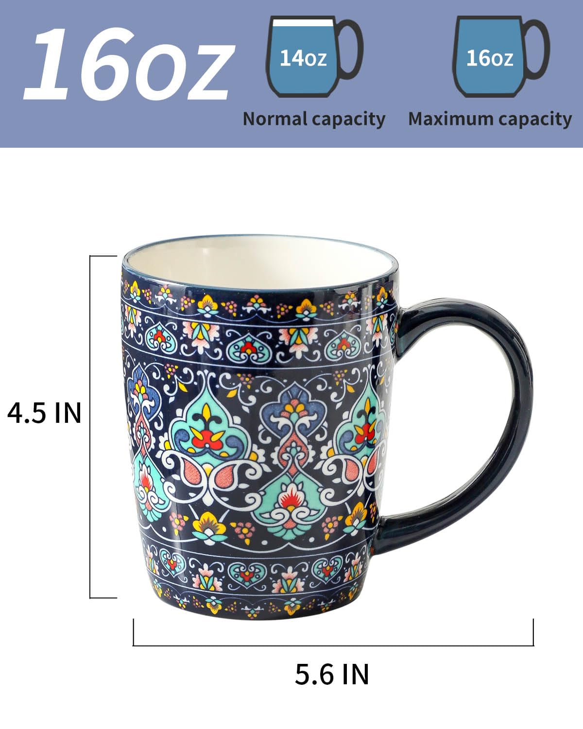 glowworm Coffee Mugs Set of 6, 16 oz Ceramic Coffee Mug with Handle, Large Coffee Cups for Latte, Cappuccino, Milk Dishwasher & Microwave Safe, Bohemian