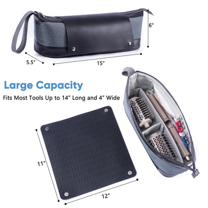 Large Hair Tools Travel Bag with Iron Mat - 2in1 Hair Tools Organizer for Hair Dryer Brush, Flat Irons, Straighteners, Curling Irons, Hair Bag, Makeup Bag, Cosmetic Bag for Travel Essentials