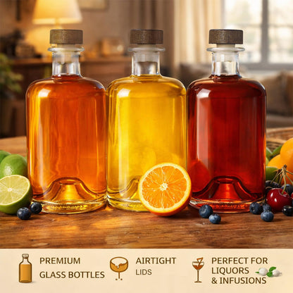 WRINGKIT 4 Pack Glass Liquor Bottles, 25 Oz Clear Wine Bottles with T-Top Cork Stopper, Heavy Base Vodka Whiskey Bottle Dispenser for Beverages, Drinks, Oil, Vinegar, Kombucha Beer