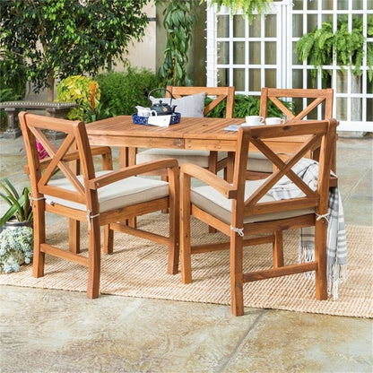 Walker Edison Delray Classic 5 Piece Acacia Wood Outdoor Dining Table and X-Back Chair Set with Cushions, Set of 5, Brown