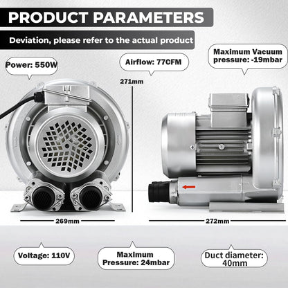 Byjoph 3/4HP Regenerative Blower, 77CFM 110V 60Hz Single Phase, High-Pressure Vortex Ring Blower, Industrial Vacuum Pump for Air Blowing Or Suction for Sewage Aeration Aquarium Fish Pond (0.74HP/550W)