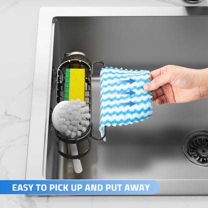 Cisily Kitchen Sink Caddy Sponge Holder in The Sink, Stainless Steel Kitchen Sink Organizer, Brush Holder, Dish Cloth Hanger, Sink Stopper Holder (Suction cup-Black)
