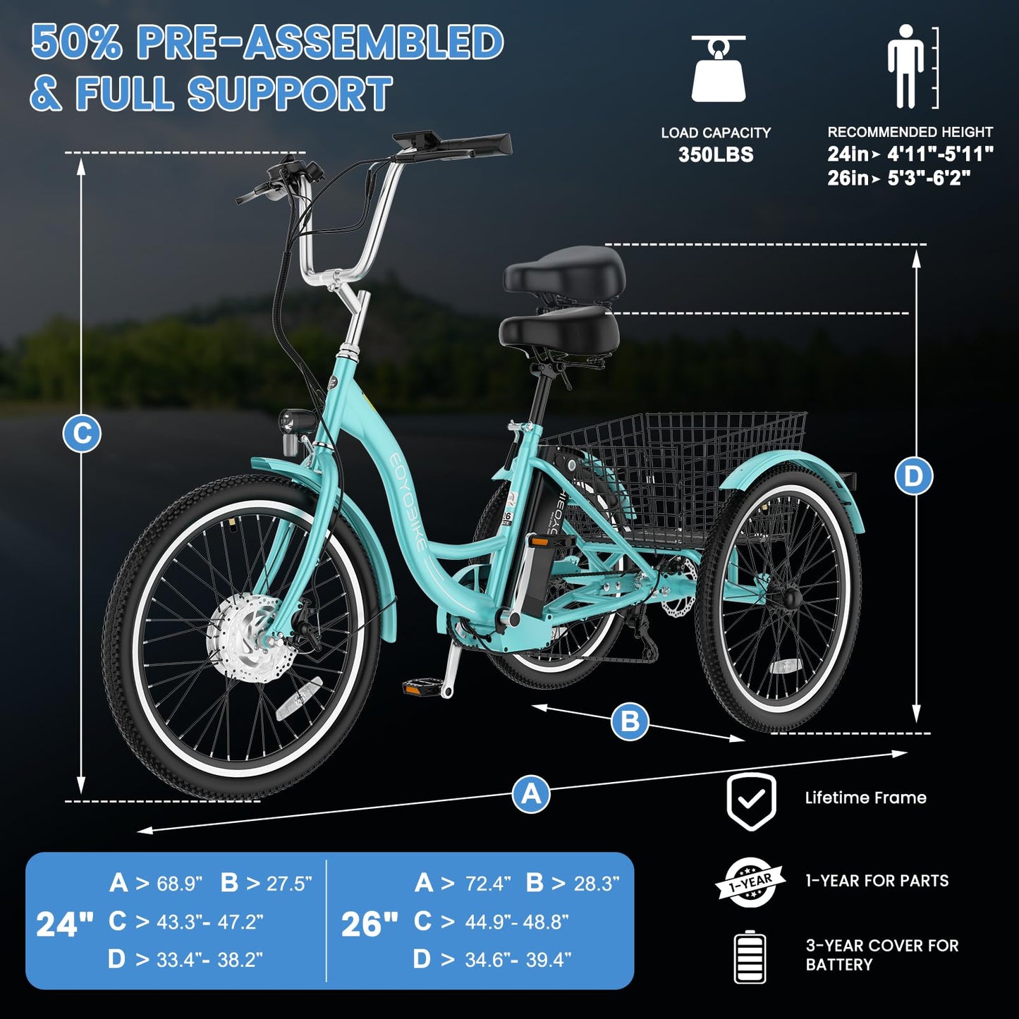 MOONCOOL Electric Tricycle for Adults, 350W 36V Removable Battery, 7 Speeds 3 Wheels Electric Trikes with Large Basket Up to 60Miles
