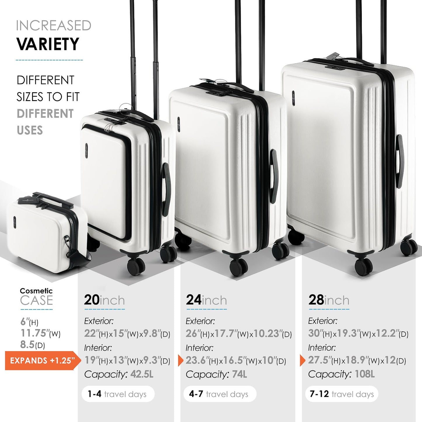TRAVELARIM Hard Shell Luggage Sets with Spinner Wheels 4 Piece, Expandable Large Suitcases with TSA Lock, Travel Large Suitcase Set, White Luggage Set