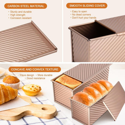 Dipanist 2Pack Large Bread Pan with Lids – 2.2LB Dough Capacity, Non-Stick Carbon Steel Bread Pans for Homemade Sandwich and Sourdough Bread, Corrugated Toast Mold(Gold)