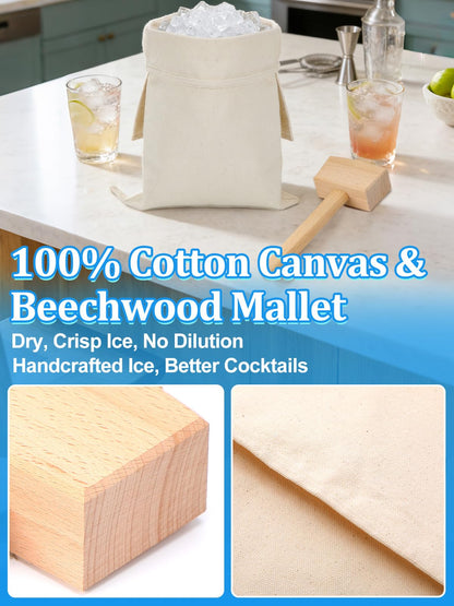 2 Pack Enlarged Canvas Ice Crusher Bags with 1 Mallet -16.5" × 8.7" Reusable Lewis Bags with Wooden Mallet for Home Kitchen Bar Party Ice Breaking