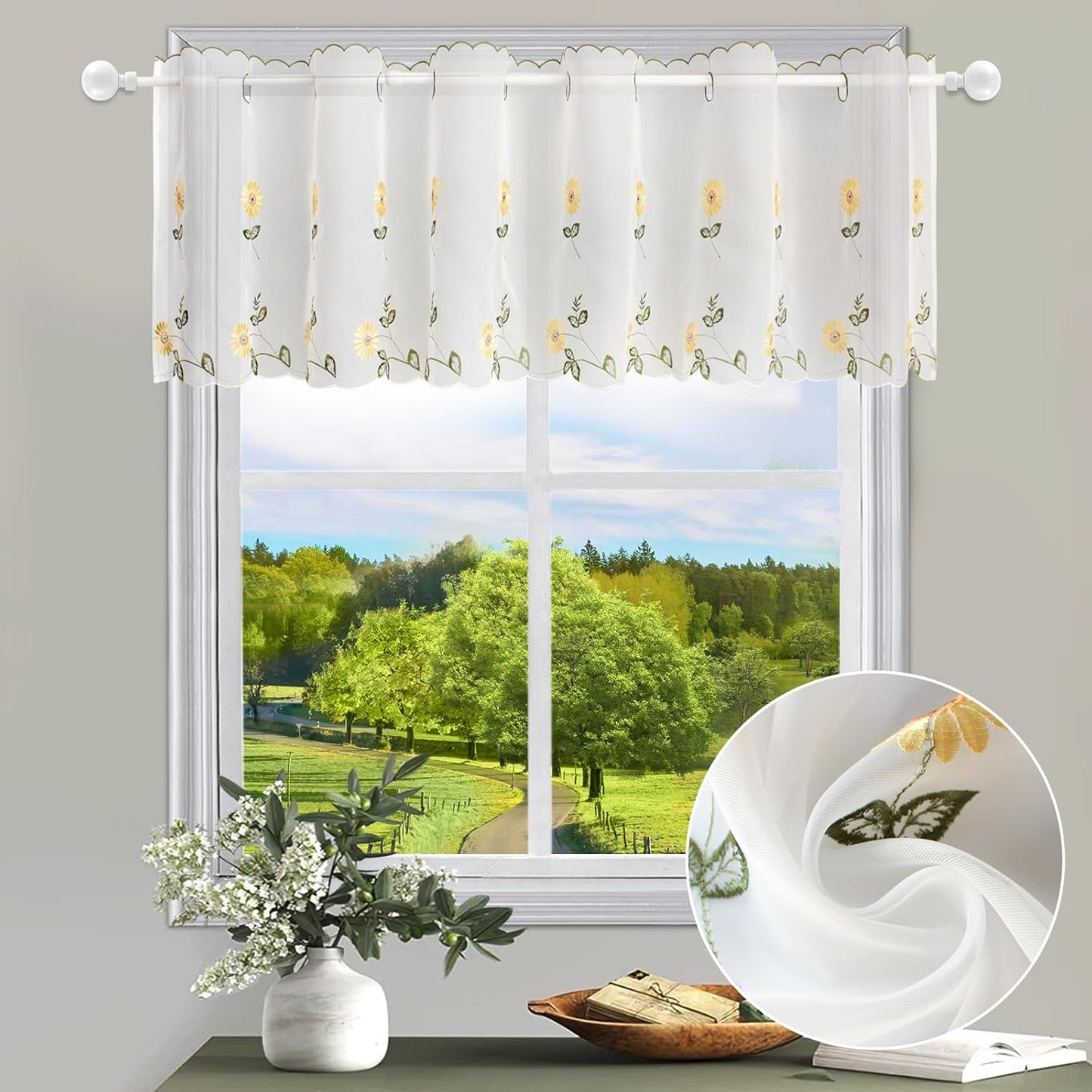ZHH Sheer Embroidery Valance for Window with Daisy - Short White Kitchen Curtain, 1 Panel, 17x70inch