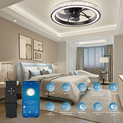 Aipsun Low Profile Modern Crystal Chandelier Ceiling Fans with Lights and Remote, 3000K-6500K Smart Bladeless LED Fan Light, 22" Black Modern Ceiling Fans with Lights for Bedroom