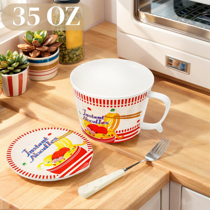 Pumtus Ceramic Ramen Bowl with Lid, 35 OZ Large Japanese Instant Noodle Cup with Fork & Handle, Cute Deep Soup Mug Set, Cereal Porridge Tableware for Home Office Dorm, Microwave & Dishwasher Safe