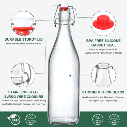 8 Pack [1 L / 33 fl. oz.] Swing Top Glass Bottles w/ Airtight Stopper Lids – Flip Top Brewing Bottle for Fermentation, Kombucha, Mead, Vinegar, Beer, Kefir, Wine, Soda – With 8 Extra Seals & 2 Pourer