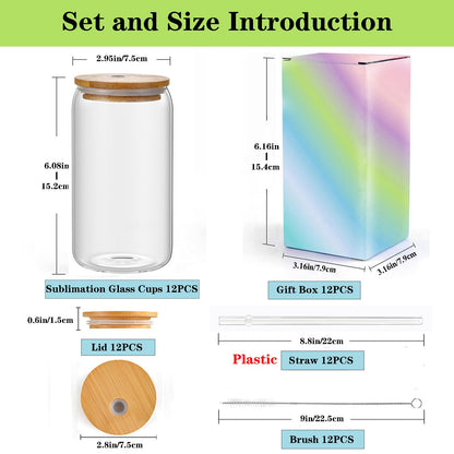 ABBSH Sublimation Glass Blanks, Sublimation Clear Glass Tumbler 16OZ, Beer Can Glass, FrostedCups With Bamboo Lids And Straws 12Pack
